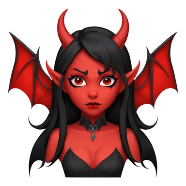 demon girl, skin red , black long hair, small horns, pointed ears, bat wing, black open-back dress, bold black outlines, red+black palette sticker