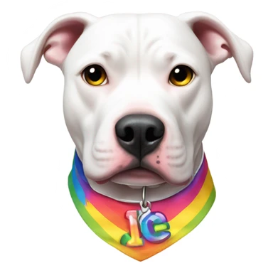 White pitbull with a collar that spells out Ice wearing gay pride shirt sticker