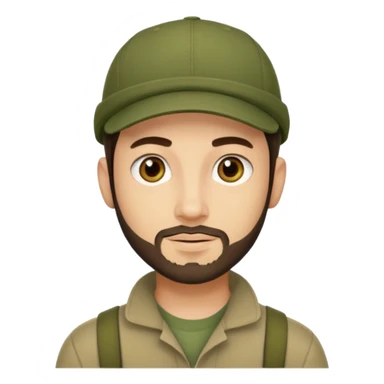 Apple emoji style young man with light skin, short stubble beard, dark eyes, olive green cap, dark brown hair. Clean shapes, soft gradients, friendly expression. sticker