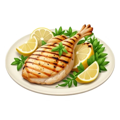 Draw a grilled chicken breast on a plate with herbs & lemon slices. sticker