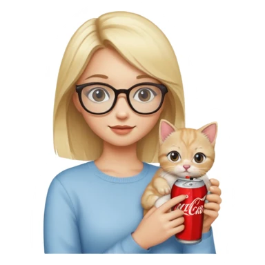 A beautiful girl with blonde hair and glasses holding a kitten in one hand and a Coke in the other sticker