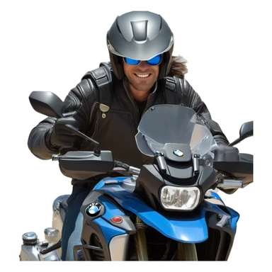 bmw gs 1250 black male rider sunglases on bike dark hair blue eyes sticker