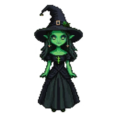 Elphaba from Wicked, green-skinned witch with a black pointed hat and black dress sticker