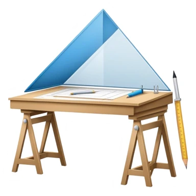Create a sleek and modern icon representing Architecture, featuring elements like blueprints, a drafting table, and architectural tools (ruler, line, triangle). The design should be visually sophisticated, clean, and professional, without any emojis. The background should be transparent sticker