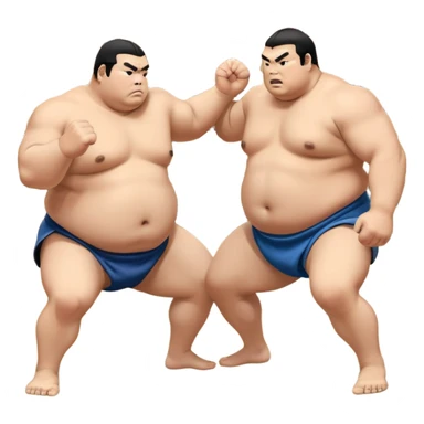 Two sumo wrestlers in a classic dohyo ring, each displaying powerful stances and ready to engage in a fierce match. One wrestler attempts a pushing attack, while the other counters with a thrust. The background shows the traditional sumo arena and spectators. Transparent background. sticker