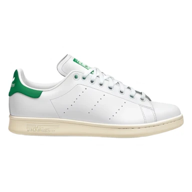 Two Adidas Stan Smith shoes arranged as a pair with one slightly behind the other, white with green heel details, clean classic design sticker