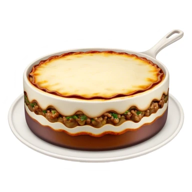 Cinematic Realistic Moussaka Dish Emoji, depicted with layers of eggplant, minced meat, and b√©chamel sauce rendered with rich textures and warm, inviting lighting that captures its Mediterranean flavor. sticker