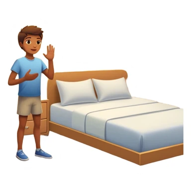 A person stands beside their bed, rolling out groggily with determination. The bed behind them is neatly made, a mirror in front of them shows them high-fiving their reflection. A glowing sunrise outside signals the start of a productive day. sticker