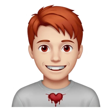 парень с красно-русыми волосами; бледная сероватая кожа; белые глаза; открытая улыбка, где на зубах кровь; одет в белый свитер sticker