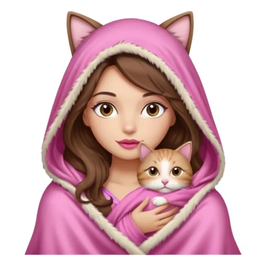 girl with long wavy brown hair, brown eyes, long lashes makeup, sexy pink lips, light to medium complexion, wearing a pink sexy silk top, big blanket over the head cozy holding a cat, no cat earn on the hood sticker