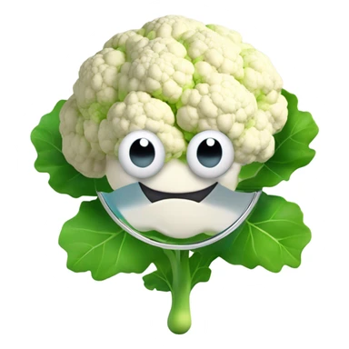 3D cauliflower emoji character with big eyes 👀, surrounded by a few green leaves 🍃, holding a small mirror 🪞. The character is floating in the air with no legs visible, on a pure white background. sticker