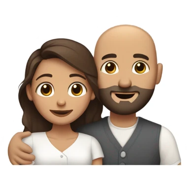 Brown-haired Puerto Rican woman with dark brown eyes wearing a cute blouse giving a comforting hug to a short, bald man with brown eyes, laugh lines, and a beard sticker