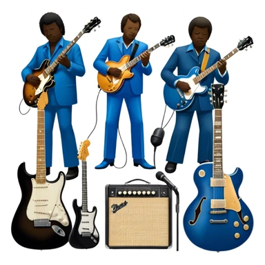 Icon for Blues Music: close-up collage of legendary blues artists. Gary Moore, Eric Clapton, B.B. King and Joe Cocker. Represented by silhouettes or symbolic items like guitars, microphones, or music notes, reflecting the soulful energy of blues music. Transparent background. sticker