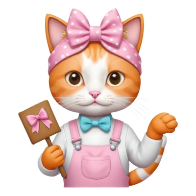 گربه ی نارنجی سفیدتقریباً لباسش حالت بیلر باشه سفید و صورتی پاپیون رو سرش باشه یک کاغذ بزرگ تزیین شده توی دستش باشه sticker