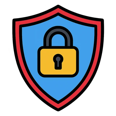 Icon-style IT security emblem: shield with suspended padlock, energetic blue #02aff4 main color, deep red #ee1b24 accents, white background, detailed and robust appearance sticker