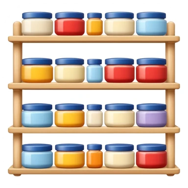 Japanese brand creams displayed on a storage shelf, arranged with horizontal variation and vertical consistency, with identical items placed directly behind one another. sticker
