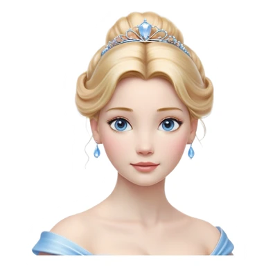 Cinematic Realistic Cinderella Portrait, depicted with lifelike skin texture, subtle rosy undertones, and soft natural lighting that enhances the gentle contours of her face. Her intricately detailed golden blonde hair is elegantly styled in an updo, with delicate wisps framing her face. Her deep, expressive blue eyes radiate warmth and sincerity, reflecting a quiet resilience and grace. She holds a glass slipper gently in one hand, her other hand resting gracefully at her side, emphasizing the timeless beauty of the moment. She is dressed in her iconic ball gown, the fabric shimmering with intricate embroidery and fine translucent layers that catch the light beautifully. The soft sheen of satin gloves adds a magical touch to her graceful pose. The portrait features an enchanting glow with a natural, luminous finish, seamlessly blending realism and fairytale charm to evoke a sense of depth, elegance, and timeless beauty. sticker