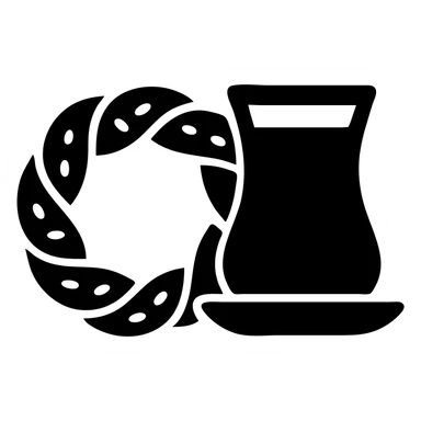 Add a traditional Turkish tea glass next to the simit, keeping the minimal flat icon style, with no background. sticker