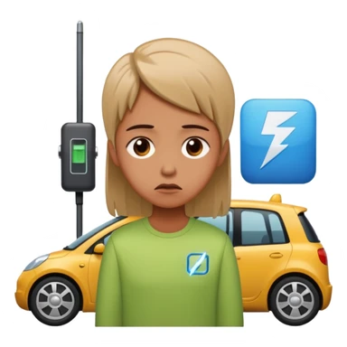 Sad person at low-battery icon next to EV. sticker