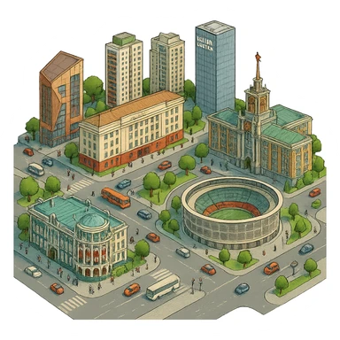 Изометричная миниатюрная фотореалистичная 3D модель Екатеринбурга - Дом Севастьянова, Ельцин-центр, Уральский федеральный университет, дома, Екатеринбург Арена, Медный дом, Здание Свердловского городского совета народных депутатов, четкие линии, яркие цвета, мультяшный реализм, люди, автотранспорт, компактная композиция, вид сверху в изометрии, прозрачный фон sticker