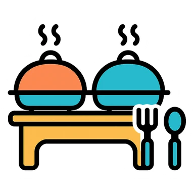 color outline icon of buffet service with food trays and utensils sticker