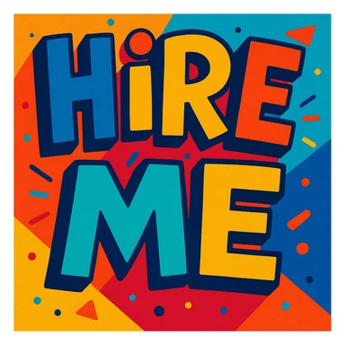 the words 'hire me' in a playful, colorful cartoon style, with dynamic lettering sticker