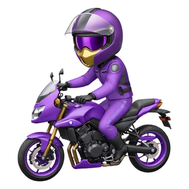 Créer un emoji avec une moto mt07 sport noir mate / violet iridescent très foncé, pare-brise de la moto violet. Avec une pilote dessus, visage masqué par la visière violette . Avec en arrière plan cercle violet. sticker