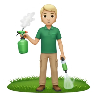 man blonde hair and no hat with a emerald green shirt and tan pants on carrying chemical sprayer and pointing it downwards to spray at bright green grass sticker