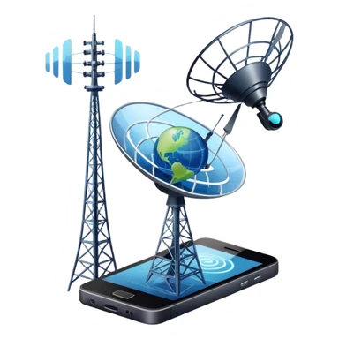 An icon featuring a satellite dish, a cell tower emitting signals, and a smartphone displaying a chat interface. The design includes fiber-optic cables and data waves, symbolizing global communication, connectivity, and information exchange. Transparent background. sticker
