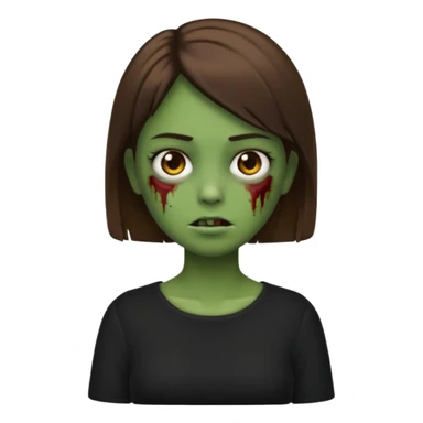 Zombie girl emoji verde um pouco escuro com cabelo curto liso castanho no ombro com uma blusa preta sticker