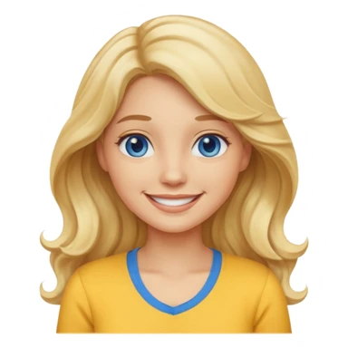 Create a custom emoji-style character inspired by a smiling woman with long, wavy blonde hair, light skin tone, and blue eyes. Emphasize a friendly, approachable expression with a bright smile and soft features. sticker