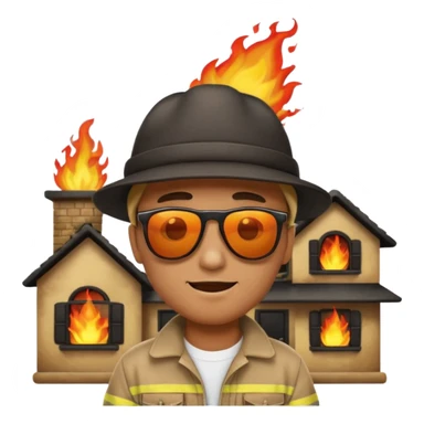 a man standing with a house on fire behind him, apple style emoji sticker