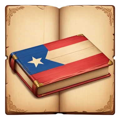 Elegant aged book with the Puerto Rican flag subtly embossed on the cover, carved wooden theater stage symbol, vintage textured cover with warm wood and parchment tones, slightly glowing, representing the eternal legacy of scenic design sticker