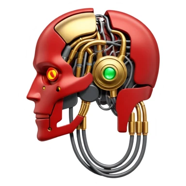 3D render of Neural Link, futuristic cyborg aesthetic, fusion of organic skin and chrome metal, gold brass valves mixed with red muscle tissue, exposed wiring, emoji style, isolated on white background --v 6.0. sticker