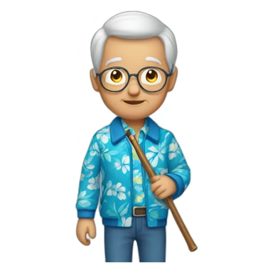 old man child holding cane wearing blue Hawaiian shirt and jacket sticker