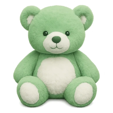 Change the teddy bear's fur to green and white, keep it soft and plush, no shadows, flat lighting, no background. The style should maintain the original look of the teddy bear in the image. sticker