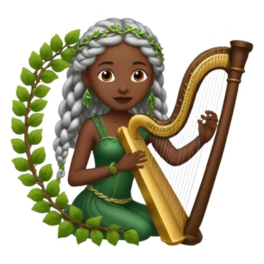 forest emoji character, dark skin woman with silver braids playing harp made of vines sticker
