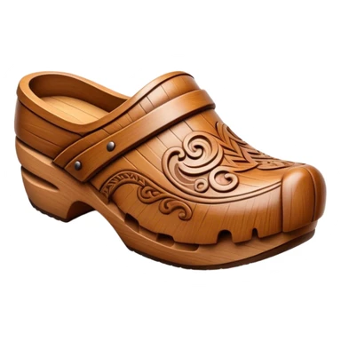 Cinematic Realistic Wooden Clogs Emoji, depicted as a pair of traditionally carved wooden clogs with intricate details and rustic charm. sticker