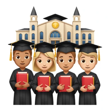 a group of cheerful kids with the text 'KIDZ BOP Kids', university building in the background, emoji style, representing university kids sticker