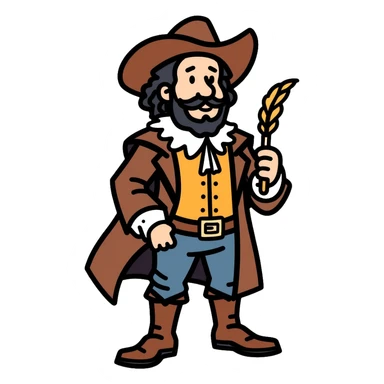Shakespeare in a cowboy outfit with a scroll and quill sticker