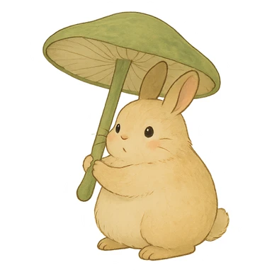 chubby bunny holding a mushroom umbrella, pastel beige and moss green, soft Ghibli style sticker