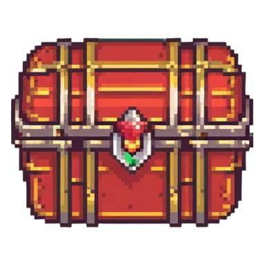 A red RPG treasure chest with gold details, pixelated 16-bit style sticker