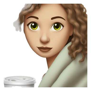 White Woman with light green eyes and brown hair and septum piercing cozy with a blanket drinking iced coffee sticker