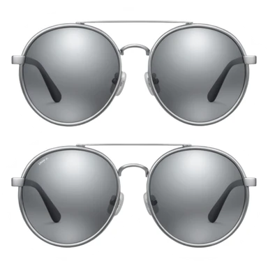 A pair of luxury sunglasses emoji with silver chrome frame, smooth rounded lenses, reflective metallic surface, high-end swag aesthetic, minimal and clean design, iOS emoji style, centered, white background sticker