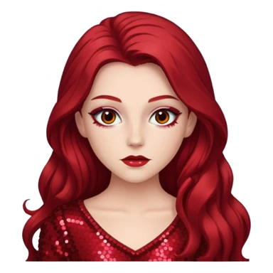 Chappell Roan (b.1998) with long dark red hair, red sequin outfit, makeup sticker