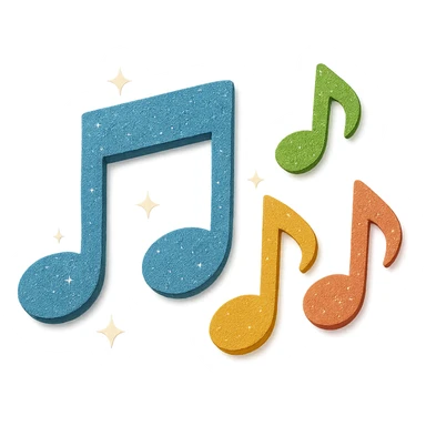 Add sparkling effects to the colorful music notes, keep the paper craft style, layered paper effect, bright colors. sticker