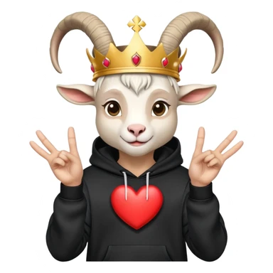 Goat with horns wearing black hoodie and a royal crown do the heart hands sign sticker