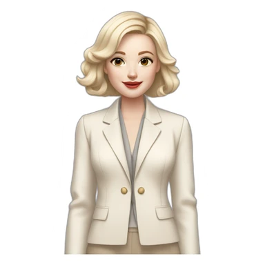 pale skin woman with ash blonde Straightened bob Hair, White Spacious classical jacket, beige palazzo Arrow pants and gray blouse holding a color palette in the hands sticker
