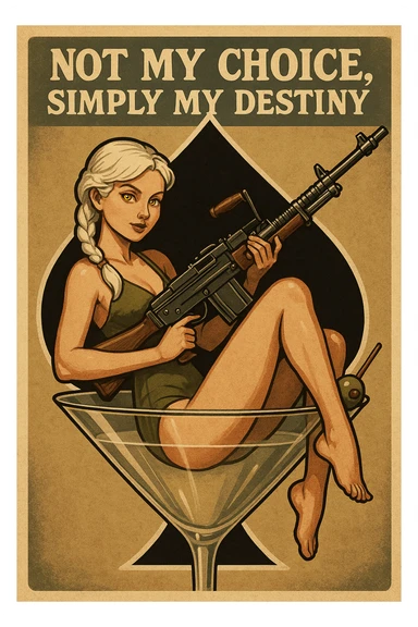 a retro military pinup " not my choice, simply my destiny "
; female figure young,gorgeous, white hair 1 braid, gold yellow eyes, sitting in a martini glass with a massive LMG in a swimsuit in front of a large 'spade' that frames the design sticker