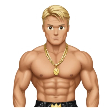 Dolph Lundgren with black sequin baggy pants, shirtless with necklace sticker